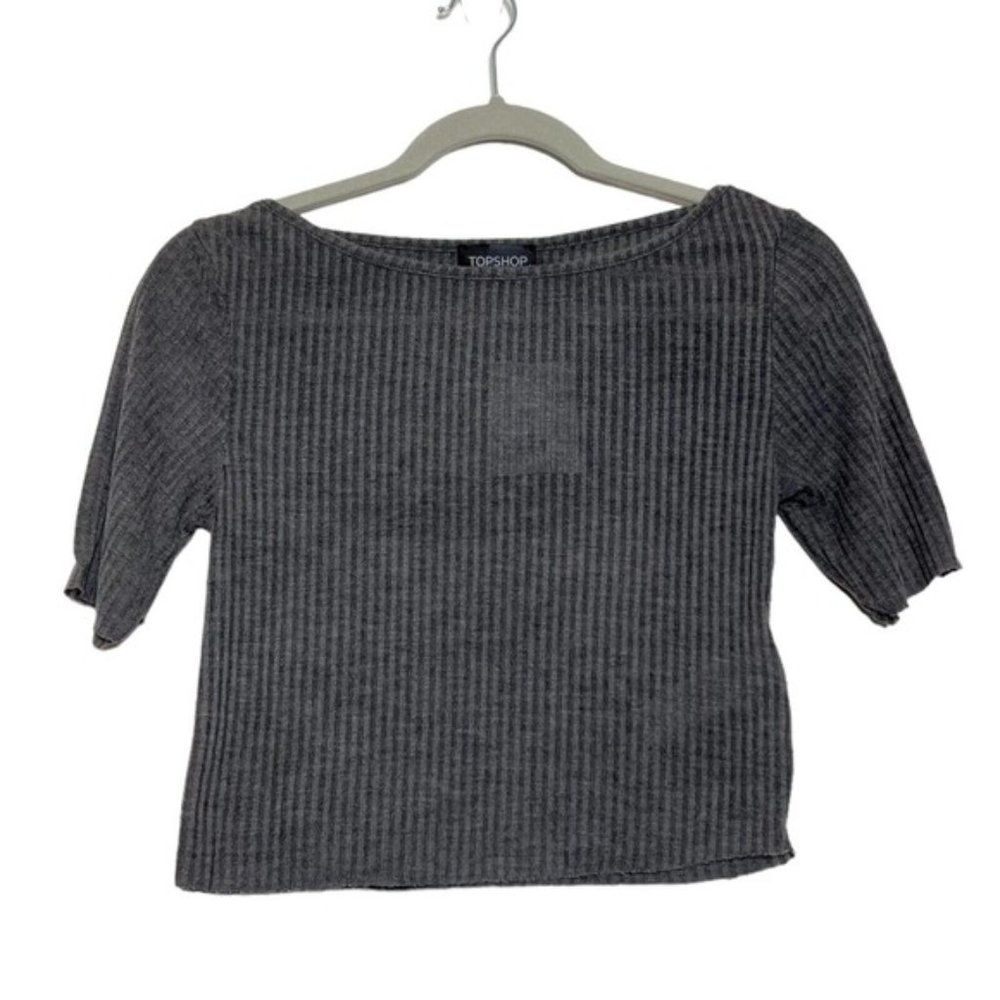 Topshop dark gray short sleeve sheer cropped knit top, Women's size 6, NWT